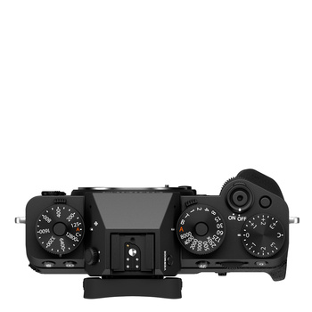 Top view of a mirrorless camera body showing dual control dials and central electronic viewfinder.
