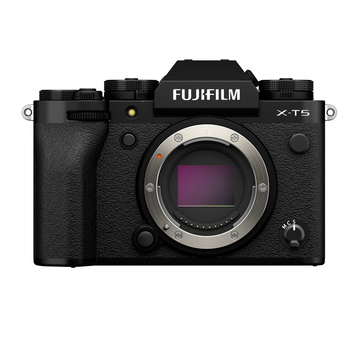 Fujifilm X-T5 mirrorless camera body front view with lens mount exposed.