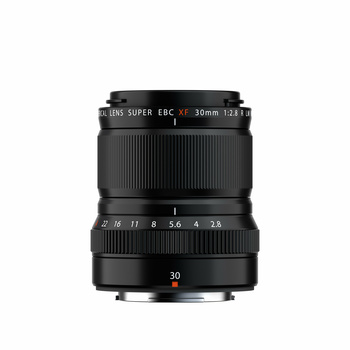 Fujifilm XF 30mm f/2.8 macro lens with focus ring and aperture scale visible.