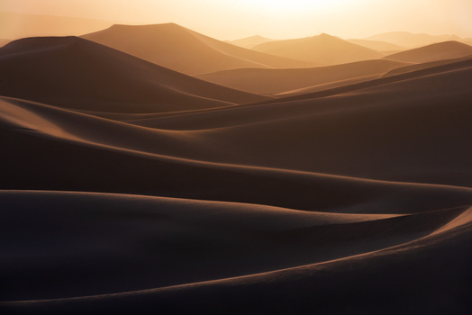 Desert sand dunes with rolling slopes lit by warm golden sunlight during golden hour.