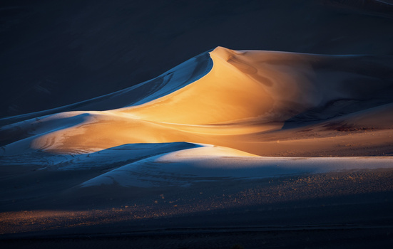 Golden sand dune illuminated by warm sunlight against deep blue shadows in a desert landscape.
