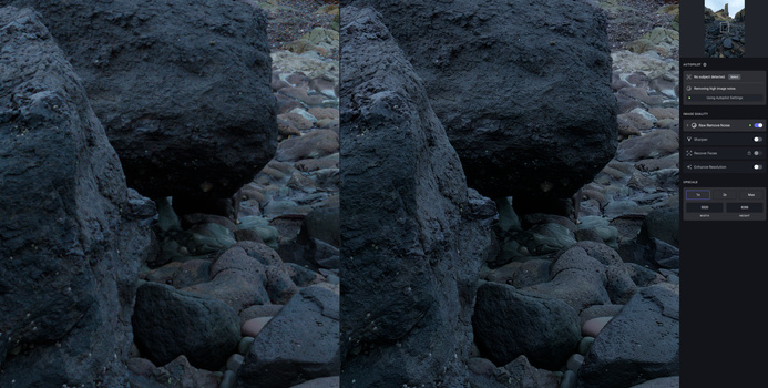 Split-screen comparison of rocky cave entrance showing editing adjustments in post-processing software.