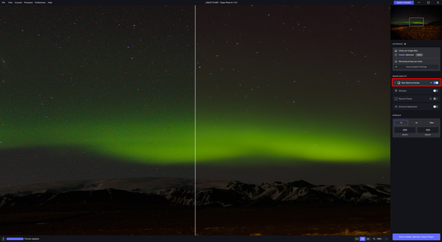 Screenshot of photo editing software displaying a northern lights image split between original and edited versions.