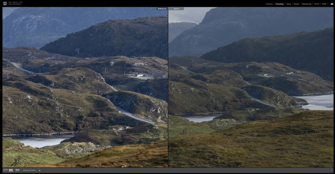 Side-by-side comparison of the same mountain landscape with different color grading and processing applied.