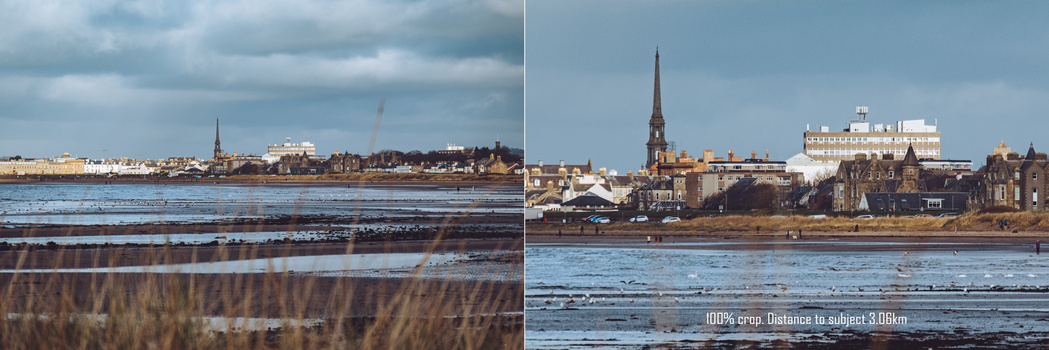 Comparison of the same coastal town viewed at different focal lengths across a bay with mudflats.