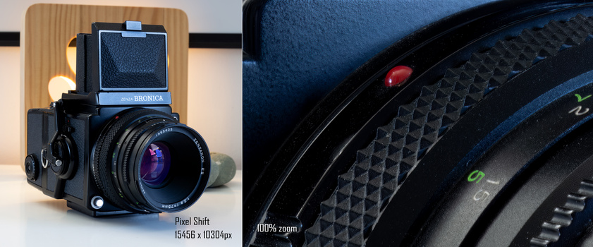 Bronica medium format camera with interchangeable lens on wooden base, shown alongside close-up detail of lens markings and aperture ring.