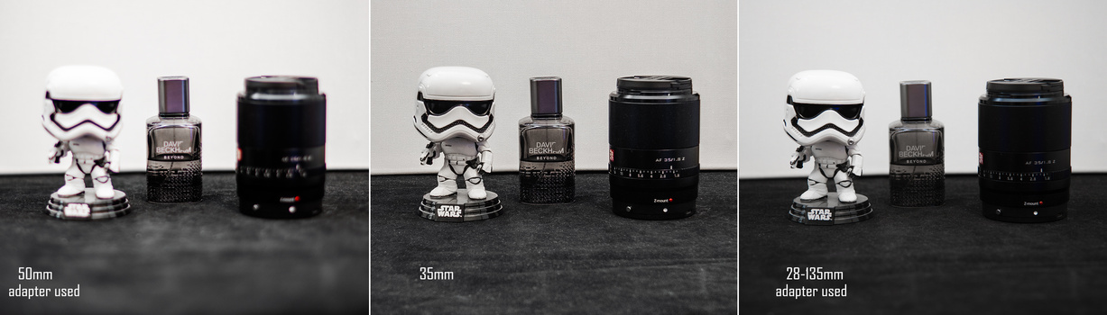 Three side-by-side lens comparisons showing a stormtrooper figurine with perfume bottles at different focal lengths.