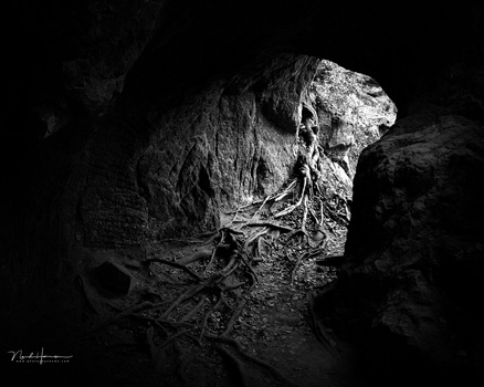 Dramatic black and white photograph of textured rock formations in a cave or rocky outcrop.