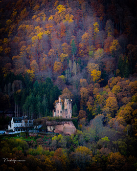 Castle nestled in forested valley surrounded by autumn foliage in golden and russet tones.