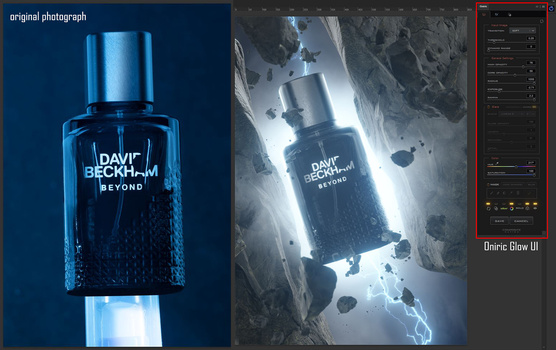 Before and after comparison of a fragrance bottle product shot showing original blue photography and dramatic lightning-effect edit.