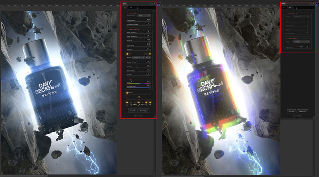 Screenshot of photo editing software showing before-and-after comparison of a product bottle with dramatic lighting effects.