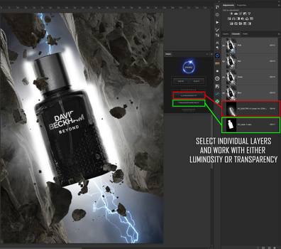 Screenshot of editing software showing layer adjustment controls for a product photograph.