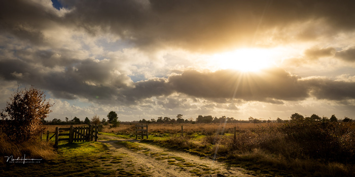 Rural landscape with wooden gate and dramatic sky breaking through storm clouds with golden sunlight.