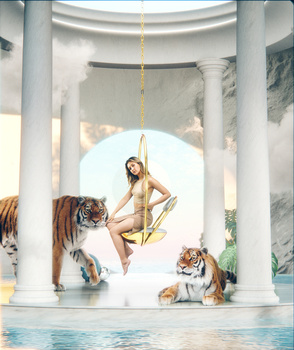 Aerial performer suspended on rope surrounded by tigers in classical columned space.