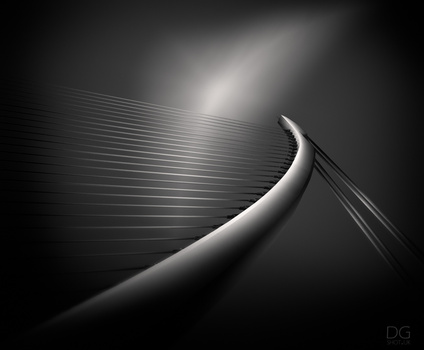 Curved architectural element with parallel cable lines and dramatic backlighting in high-contrast black and white.