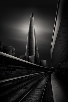 Modern skyscraper shot from below along railroad tracks in black and white.