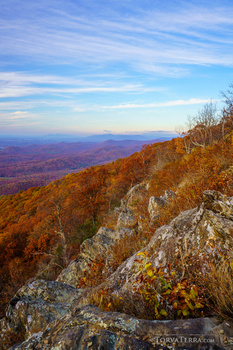 Rocky hillside with autumn foliage overlooking a vast misty valley under blue sky.