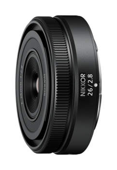 Nikon Z mount 28mm f/2.8 prime lens photographed against white background.