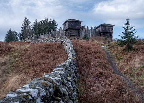 Stone wall leading toward two weathered wooden structures on a hillside covered in brown heather and evergreen trees.