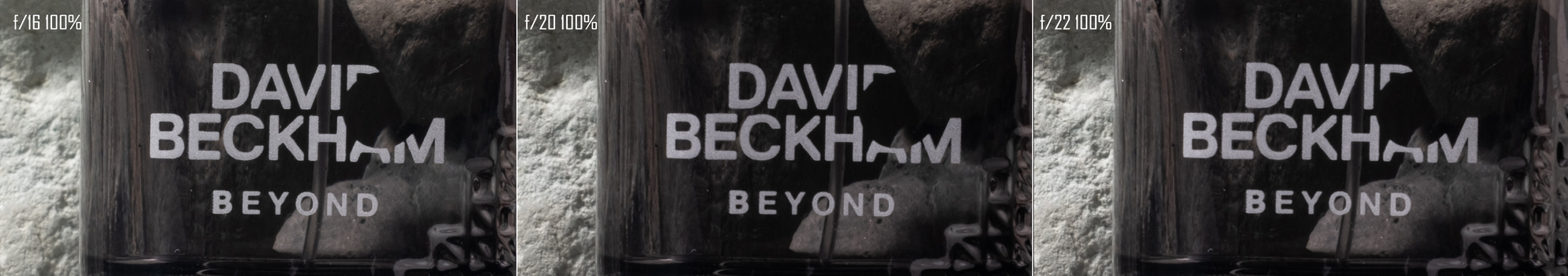 Three side-by-side exposures from a documentary photography series about David Beckham, showing progressive aperture settings from f/16 to f/22.