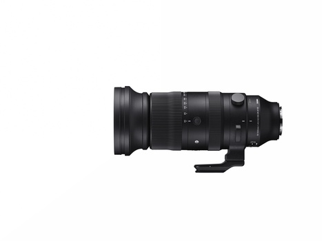 Black telephoto lens with extended barrel and focus ring against white background.
