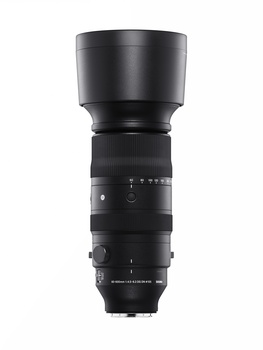 Black telephoto zoom lens with extended barrel and focus ring, shown vertically against white background.
