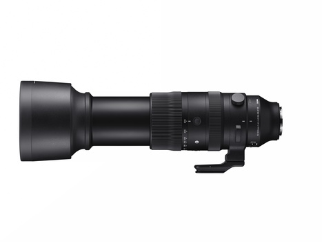 Black telephoto lens with extended barrel and focus ring against white background.