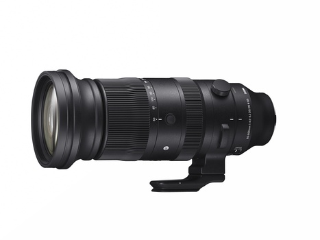 Black telephoto lens with focus ring and stabilization controls mounted on a tripod collar.