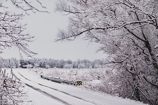 Snow-covered rural landscape with bare trees framing a field and distant farmhouse.
