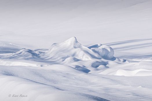 Windswept snow dunes with sculpted peaks in a vast Arctic or alpine landscape.