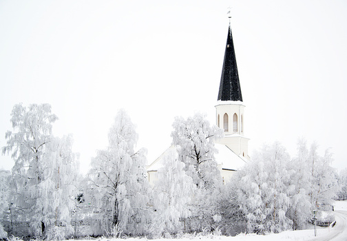 Church steeple with black spire rises above frost-covered trees in winter landscape.