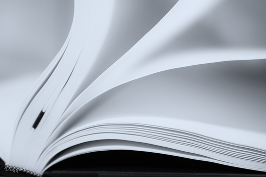 Close-up of an open book with pages curved and backlit, emphasizing the paper texture and crisp white pages.