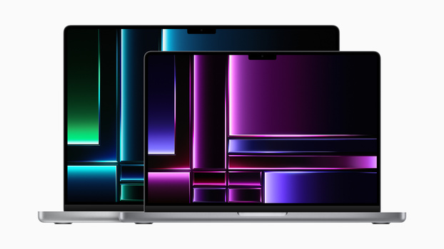 Illustration of three laptop displays showing neon-colored geometric light patterns in cyan, magenta, and purple.