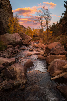 Rocky stream flowing through a forested canyon with golden sunset clouds reflected in the sky.
