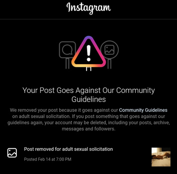Screenshot of Instagram content moderation warning with warning icon and community guidelines notice.