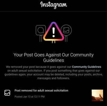 Screenshot of Instagram's community guidelines violation notice with warning icon and message about removed post.