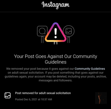 Screenshot of Instagram community guidelines warning with warning icon and text notification about removed post.