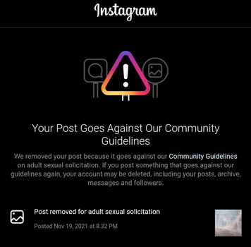 Screenshot of Instagram content moderation notice with warning icon and community guidelines message.