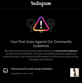 Screenshot of Instagram community guidelines violation notification with warning icon.