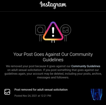 Screenshot of Instagram's community guidelines violation notice with warning icon and post removal message.