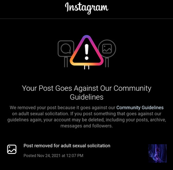 Screenshot of Instagram's community guidelines violation notice with warning icon and text explaining post removal.