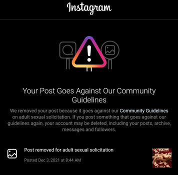 Screenshot of Instagram content moderation notice with warning icon and community guidelines violation message.