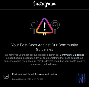 Screenshot of Instagram's content violation notice with warning icon and community guidelines message.