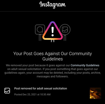 Screenshot of Instagram community guidelines violation notice with warning icon and post removal notification.
