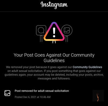 Screenshot of Instagram's community guidelines warning notification with warning icon and message about post removal.