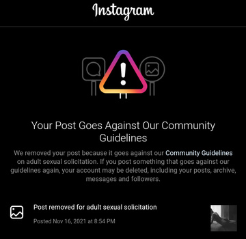 Screenshot of Instagram community guidelines violation notice with warning icon and account removal details.