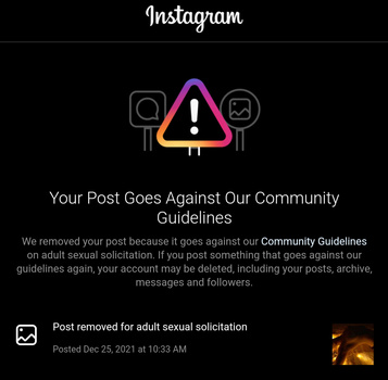 Screenshot of Instagram's community guidelines warning message displayed on a dark background.