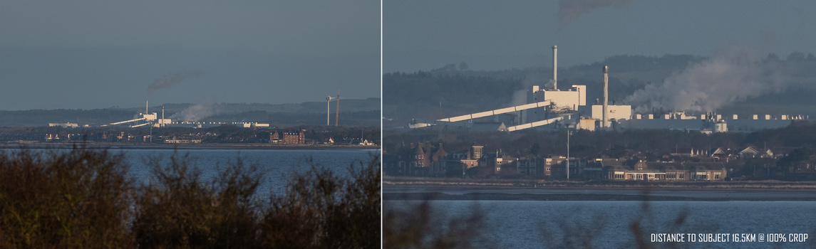 Industrial waterfront facility across a bay, shown in split-screen comparison at different focal lengths or crops.