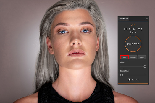 Screenshot of digital skin creation software showing a 3D rendered female portrait with gray hair and neutral expression.