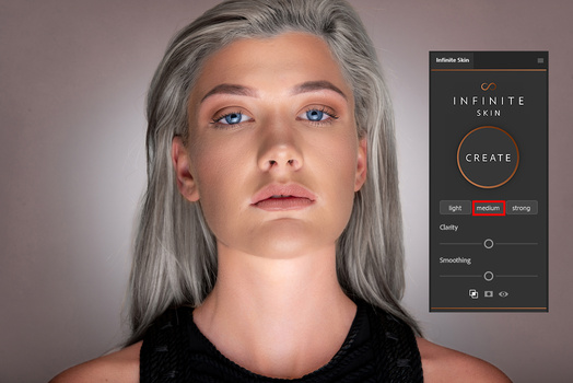 Screenshot of digital skin creation interface with 3D female portrait model and adjustment controls.
